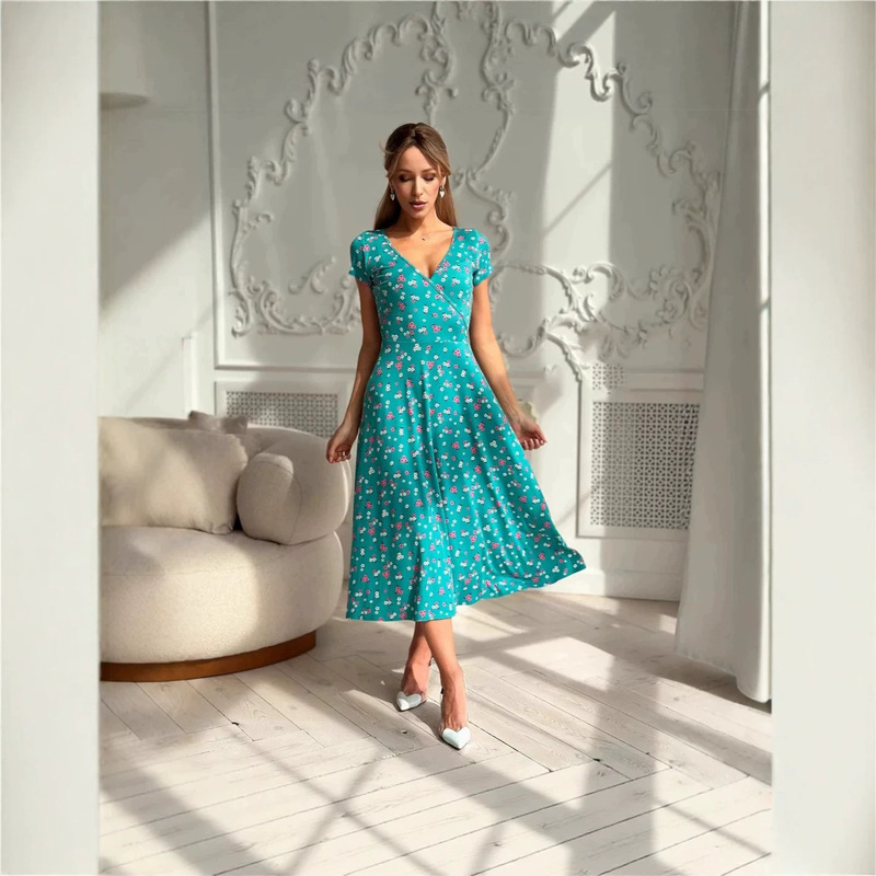 European and American Women's Clothing Wholesale Amazon New Summer Fashion Sexy V-Neck Short-Sleeved Floral Knitted Long Dress European and American Women's Clothing Wholesale Amazon New Summer Fashion Sexy V-Neck Short-Sleeved Floral Knitted Long Dress
