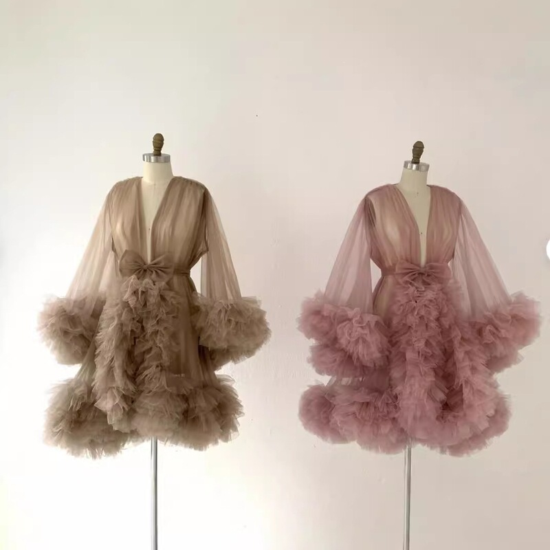 Independent Site Supply V-Neck Long-Sleeve Mesh Gown with Bow, Puffy Cake Skirt for Photography Photoshoot, Maternity Morning Robe for Women