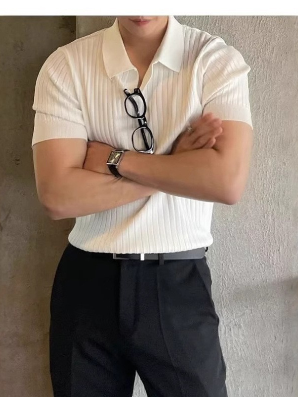 Hombre polo de manga corta de moda coreana camiseta de solapa para hombre 2025 verano delgada camiseta de punto de color sólido versátil