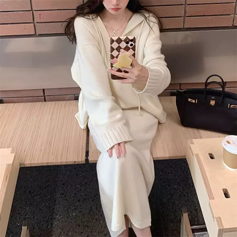 韩系减龄宽松慵懒风针织套装秋冬新款连帽上衣休闲裙子两件套女装