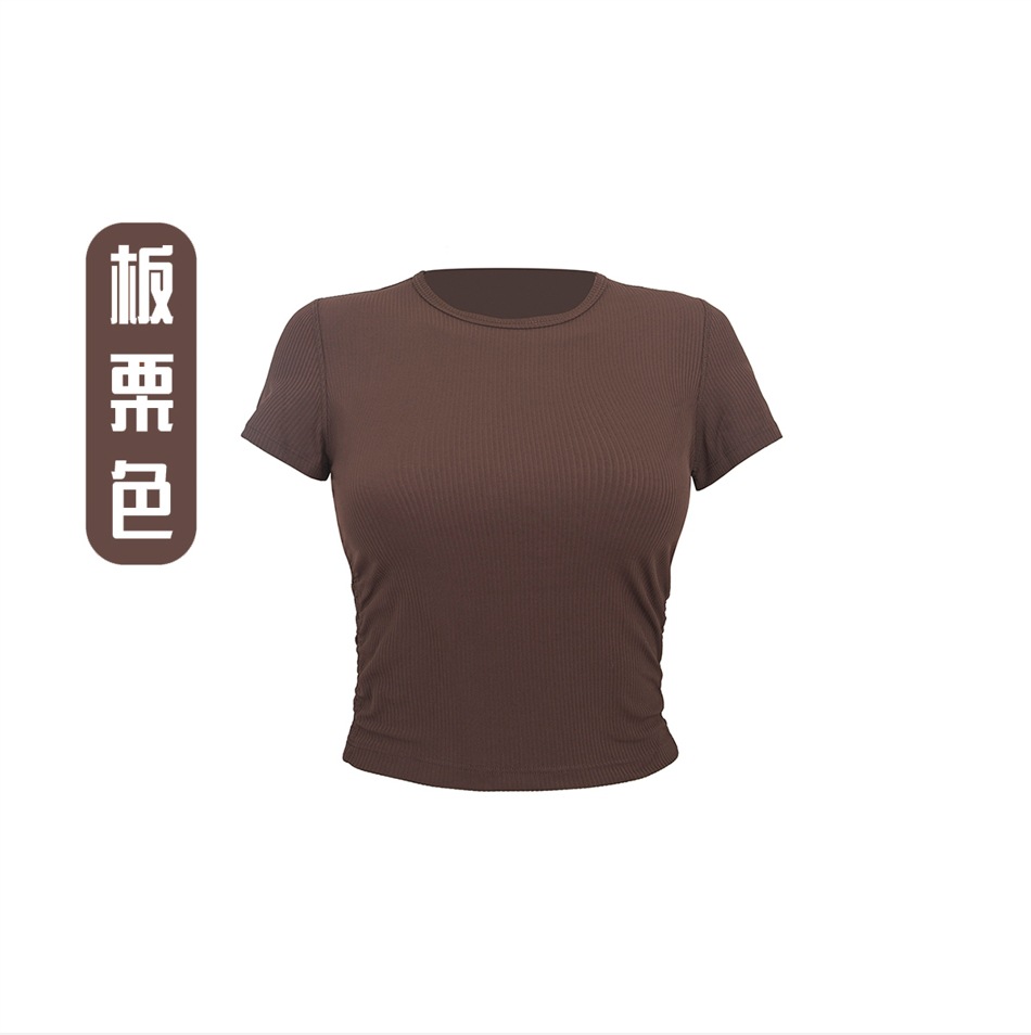ヨガウェア リブプリーツ ウエストシェイプ 半袖 レディース カジュアル 通気性 速乾性 Tシャツ アウトドア スポーツ ランニング フィットネスウェア