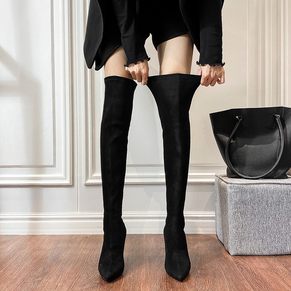 Demi-season solid color elastic high boots pointed-toe