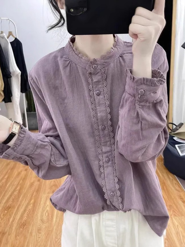 綿麻の長袖のシャツの女性の上着は年齢を減らします。|undefined