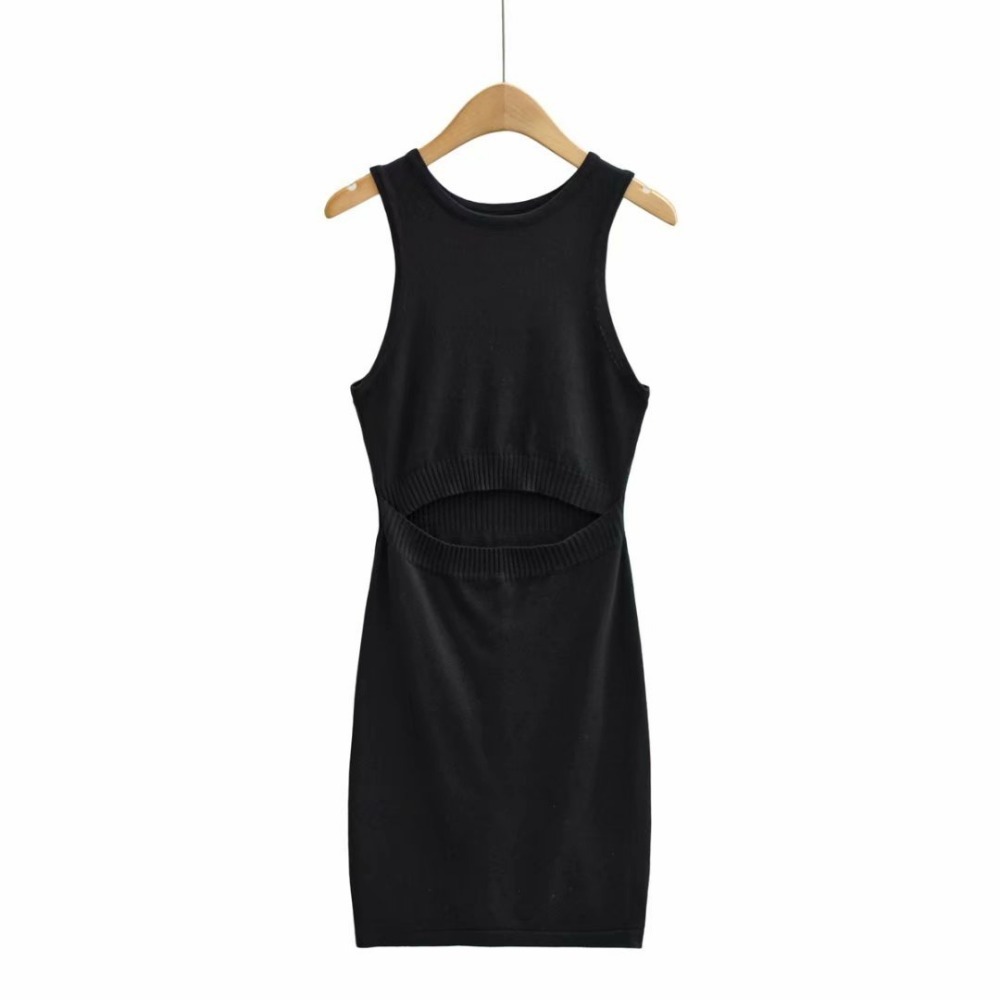 Front Waist Cutout Knitted Round Neck Sleeveless Dress NSXDX117989