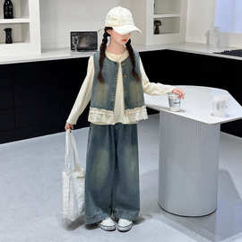 女童套装韩版牛仔春秋马甲套装2025中大童新款洋气牛仔花边三件套