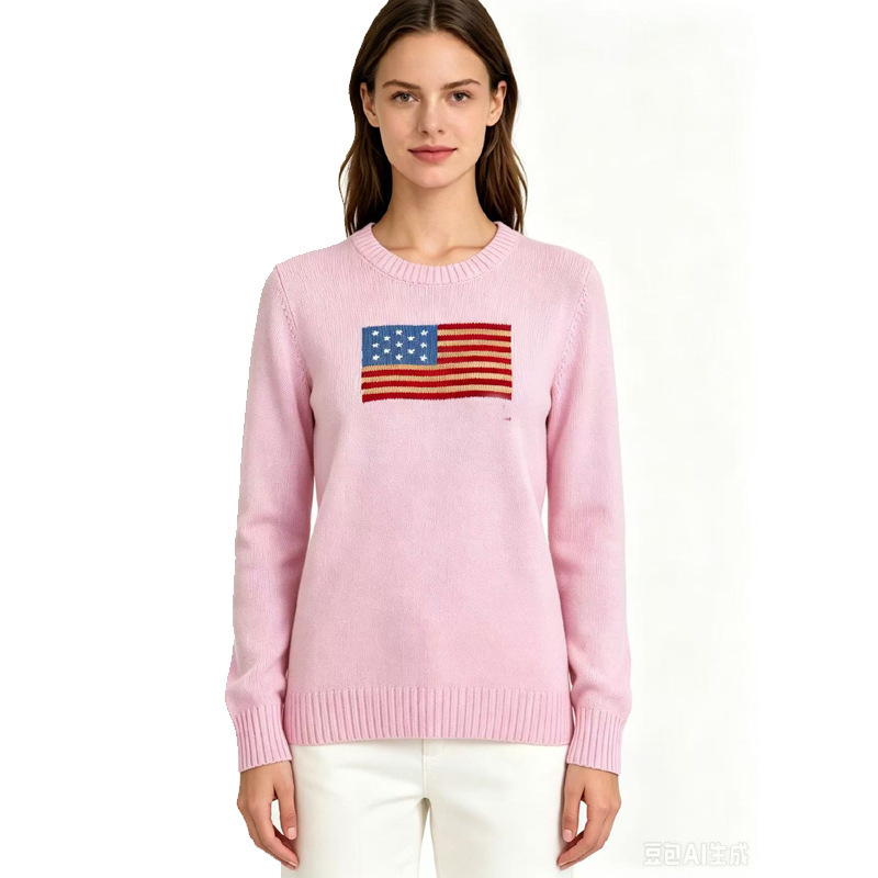Explosive American flag embroidered five-pointed star sweater women 2024 autumn and winter loose Korean plus size sweater jacket wholesale Explosive American flag embroidered five-pointed star sweater women 2024 autumn and winter loose Korean plus size sweater jacket wholesale
