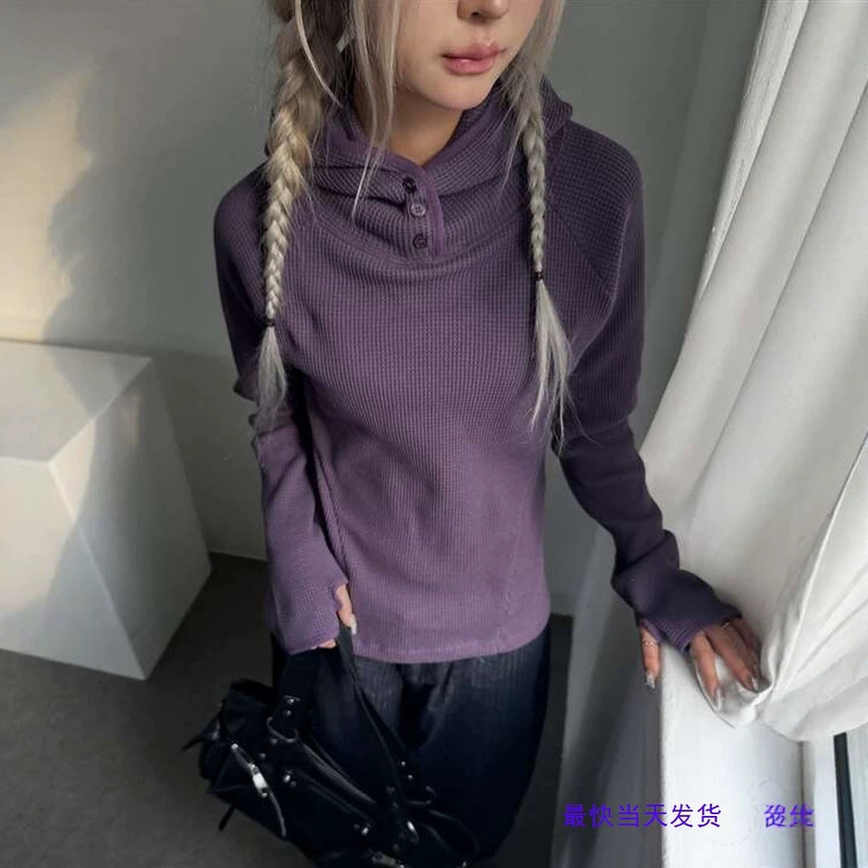 Retro functional style, small high-neck, buttoned, waffle-knit, loose-fitting hooded sweatshirt/t-shirt for women
