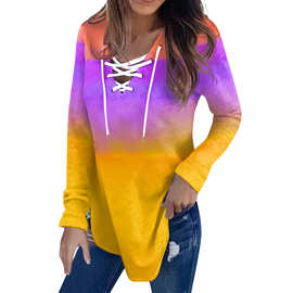 亚马逊新款时尚潮流女装V领系带卫衣 3D印花休闲宽松女卫衣外套