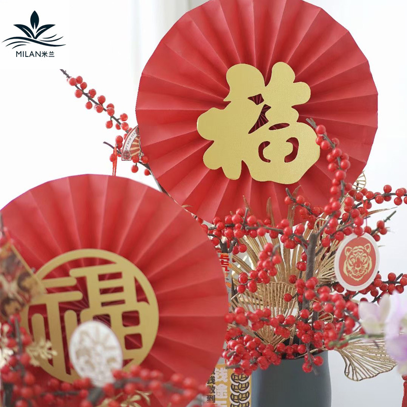Milan estilo chino dorado fu palabra ventilador plegable víspera de año nuevo flor bendición cubo material decorativo ventilador de papel rojo flor festival de primavera bendición