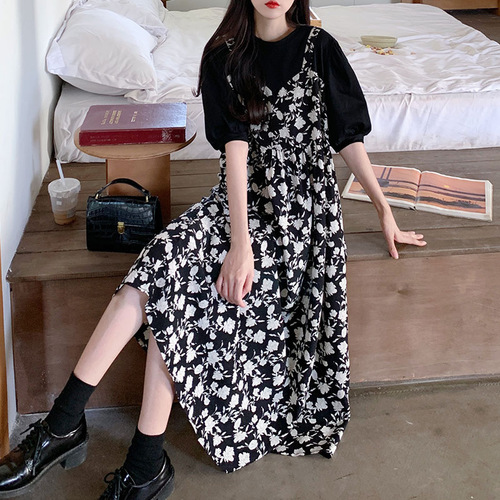 Gentle Wind False Two-Piece Strap Dress, Loose Hiding Fat, Floral Long Dress for Children and Girls in Summer