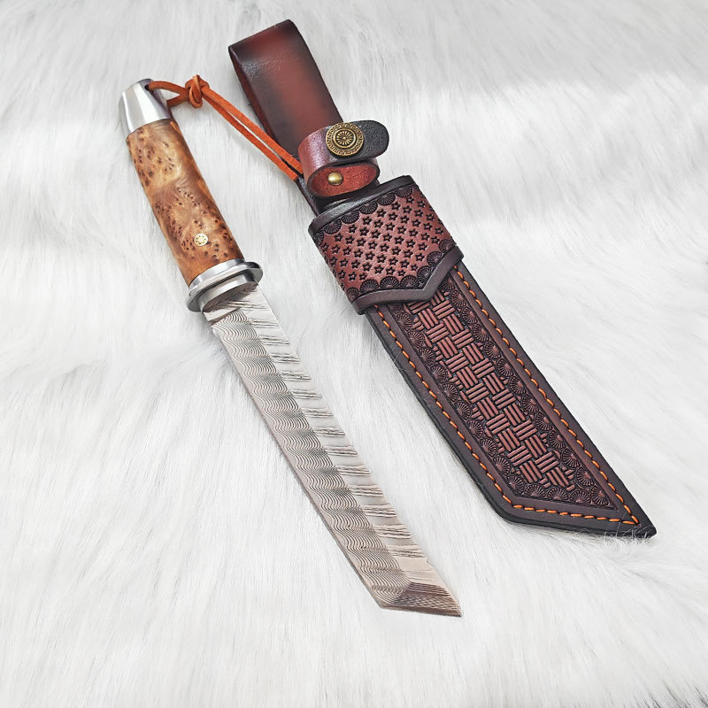 方头大马士革钢VG10高硬度野营水果刀收藏刀把玩一体龙骨藏刀崖柏