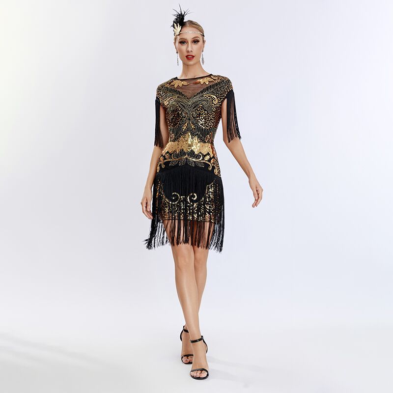 Sequin Short Sleeve Dress 1920 European and American Retro High-end Ball Party Tassel Evening Dress Amazon Cross Border