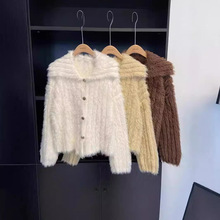 仿貂毛翻领单排扣纯色长袖毛衣女2024冬季新款韩版复古百搭针织衫