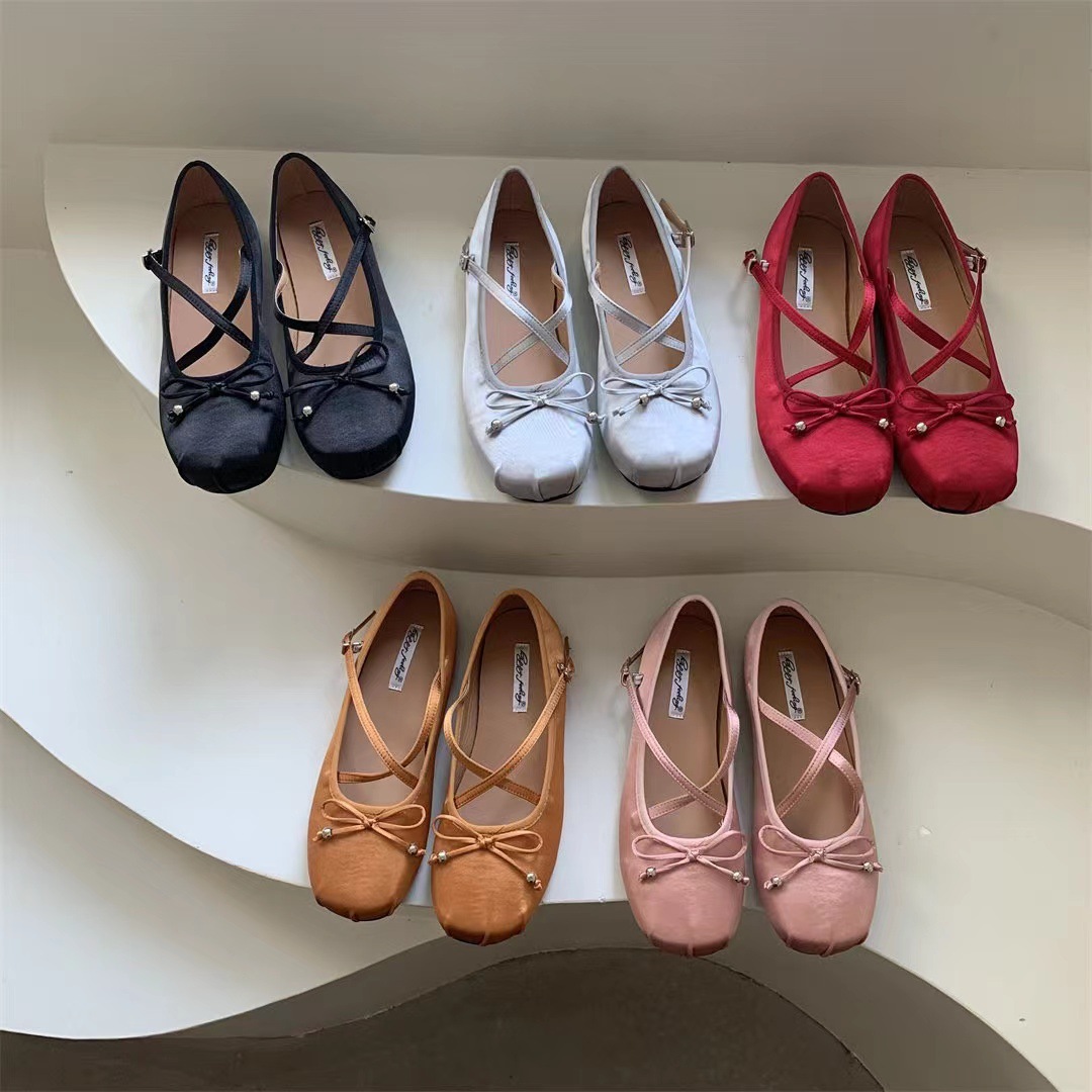 Spring and Autumn 2025 Mary Jane Ballet Shoes Bow Silk Satin Cross Strap Mary Jane Shoes Women's Flat Shoes