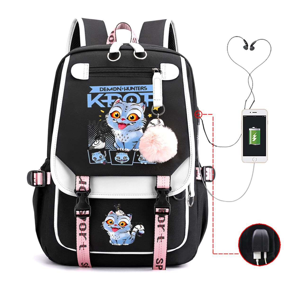 Cartoon animado impresión de contraste de color neutro mochila de moda USB transfronteriza gran capacidad mochila de estudiantes coreanos