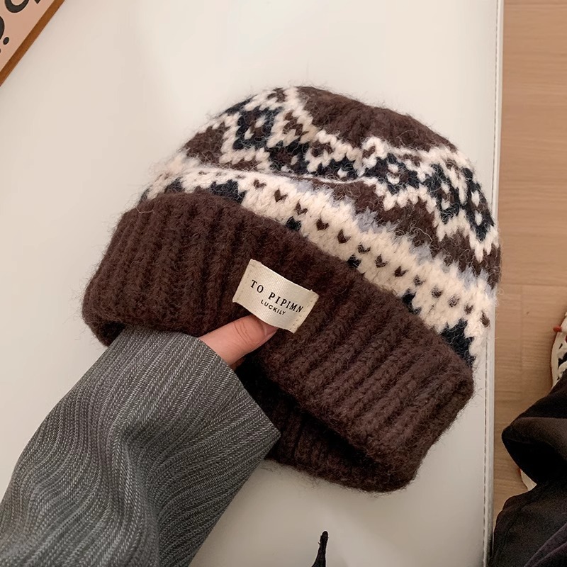 フェア島風毛糸帽子女子秋冬レトロ百合大頭囲保温ニット帽子顔小耳保護帽子