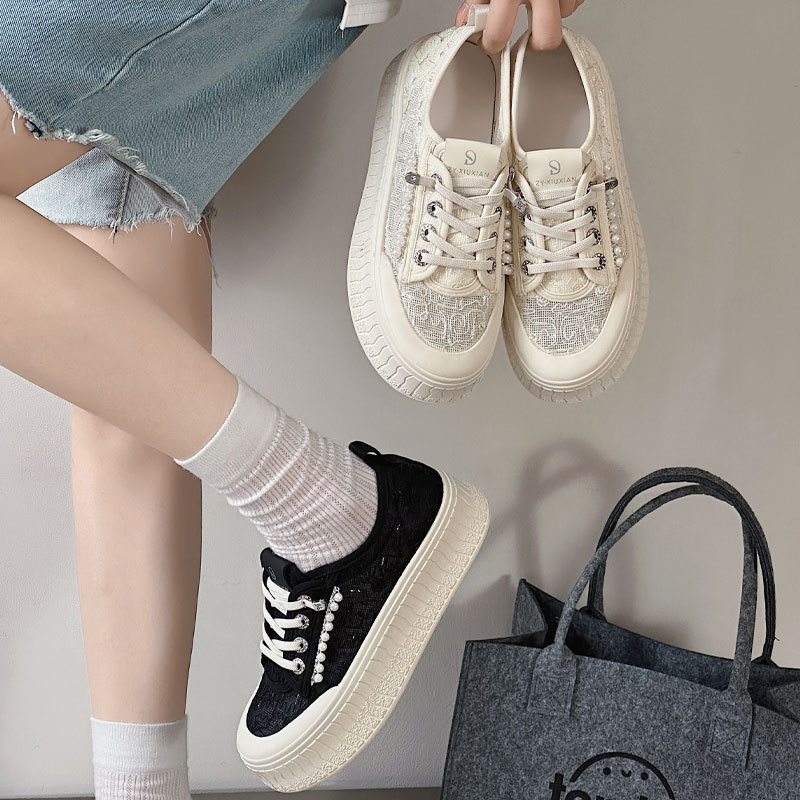 Thick-soled Lace Breathable Mesh Shoes Fisherman's Shoes Women's 2025 Summer New High-rise Non-slip Wear-resistant Pearl Casual Shoes Thick-soled Lace Breathable Mesh Shoes Fisherman's Shoes Women's 2025 Summer New High-rise Non-slip Wear-resistant Pearl Casual Shoes