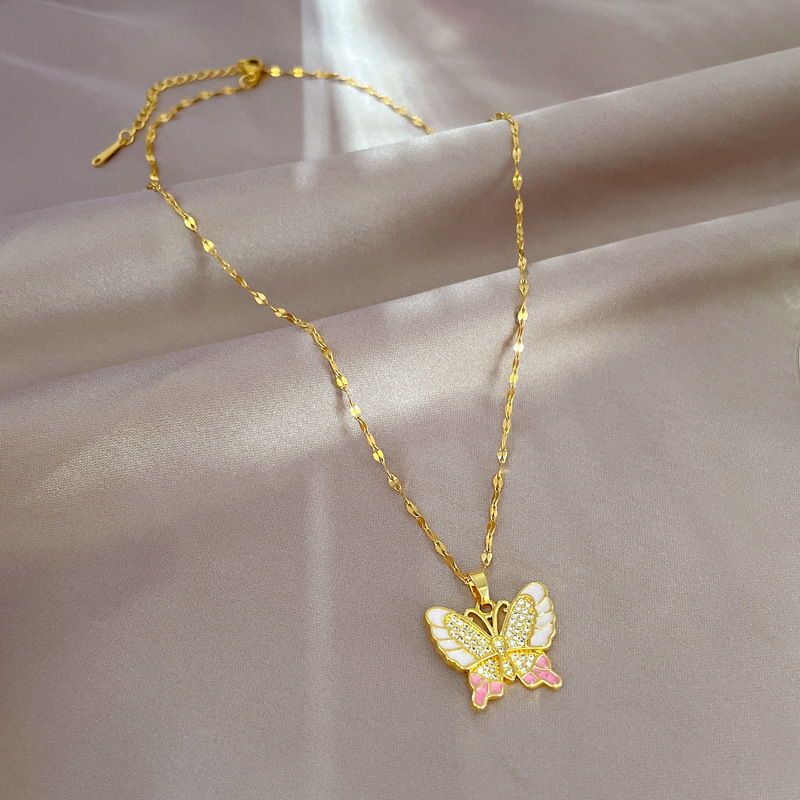 Fashion Butterfly Titanium Steel Inlay Artificial Diamond Pendant Necklace 1 Piece