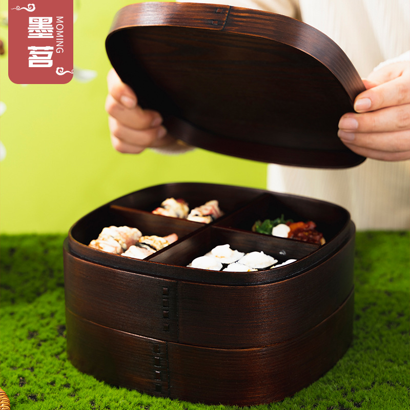 Quliumu caja de sushi japonesa retro de lujo ligero con caja de bento de rejilla cruzada de doble capa al por mayor