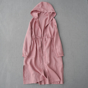 2025 Autumn Women's Solid Color Linen Sun Protection Shirt Casual Casual Hooded Cardigan White Jacket Mid-Length Thin Windbreaker
