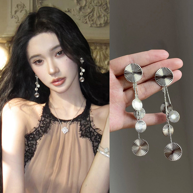 银针圆形纹路流苏耳环欧美重工金属冷淡风耳钉轻奢高级感耳饰批发|undefined