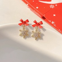 新款时尚蝴蝶结雪花镶钻耳环女韩国小众设计感法式S925银针耳饰潮