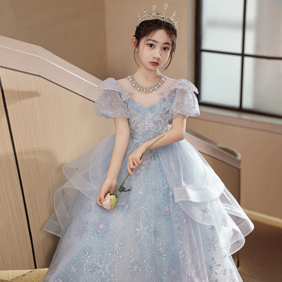 Children's Dress Tutu Yarn Girls' New Summer Blue Light Luxury High-end Princess Dress Piano Performance Dress