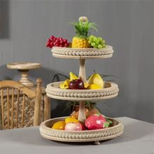 复古木质水果托盘婚礼派对展示架手提式两层零食圆形木珠蛋糕架