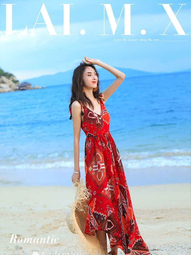 Đầm maxi voan treo nữ phong cách Bohemian dài chấm gót — màu đỏ chi tiết 3