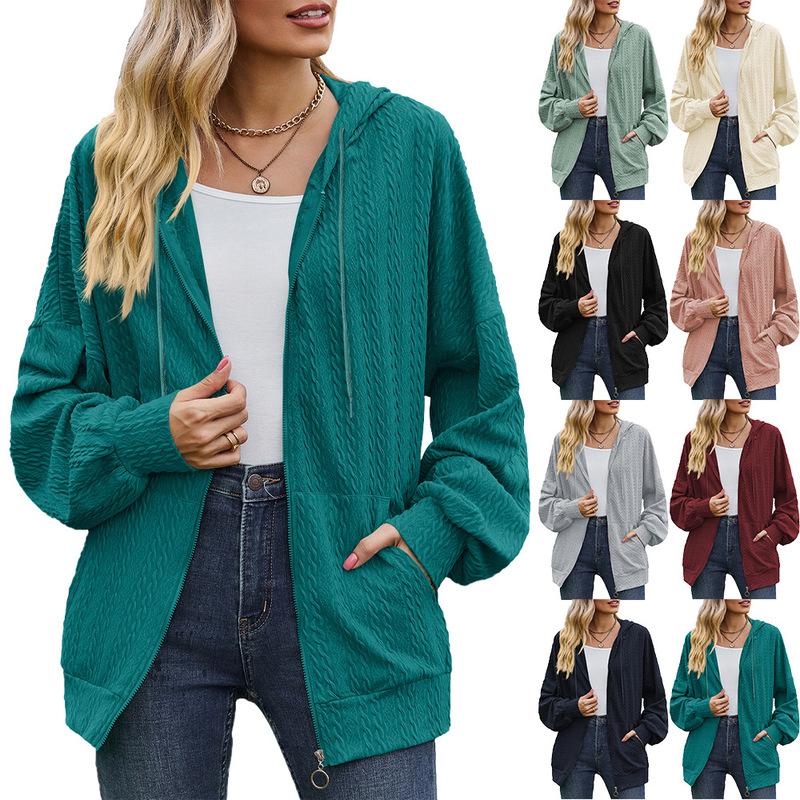 European and American Cross-Border Export 2025 Amazon Autumn and Winter New Pure Color Flap Pocket Pants Long-Sleeved Loose Hooded Sweatshirt Women's Jacket