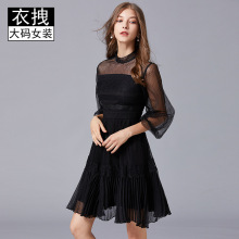 妙龄新品蕾丝连衣裙 欧美时尚大摆百褶黑色百搭淑女大码200斤裙子