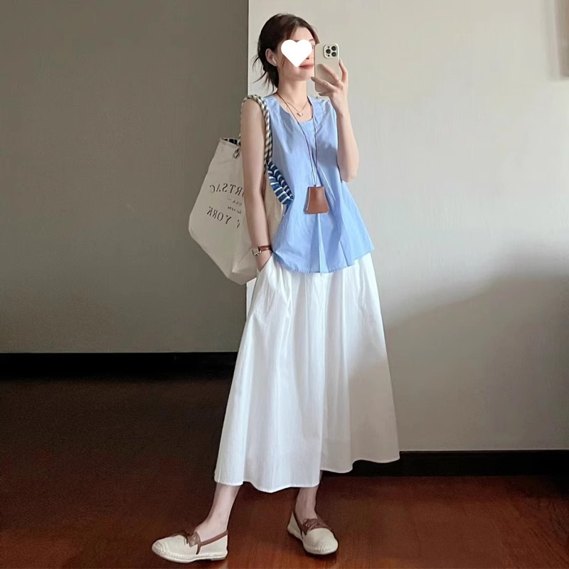 韩系温柔风休闲套装女夏季甜美蓝色无袖背心上衣高腰半身裙两件套|undefined