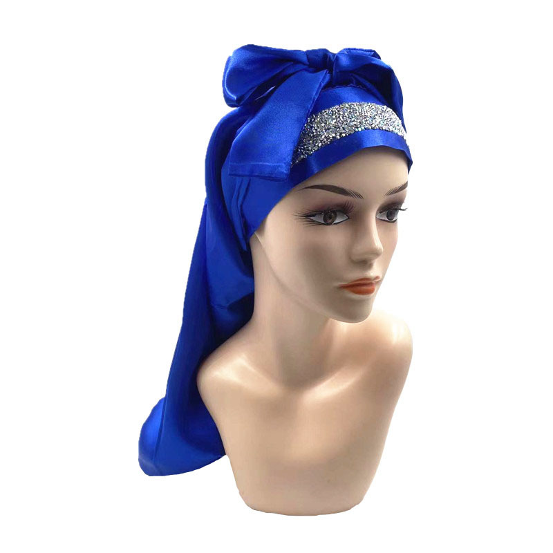 Cross-border Amazon wide-brimmed solid color colored diced drilling long hair cap long belt long tube hair care cap hairdressing cap nightcap