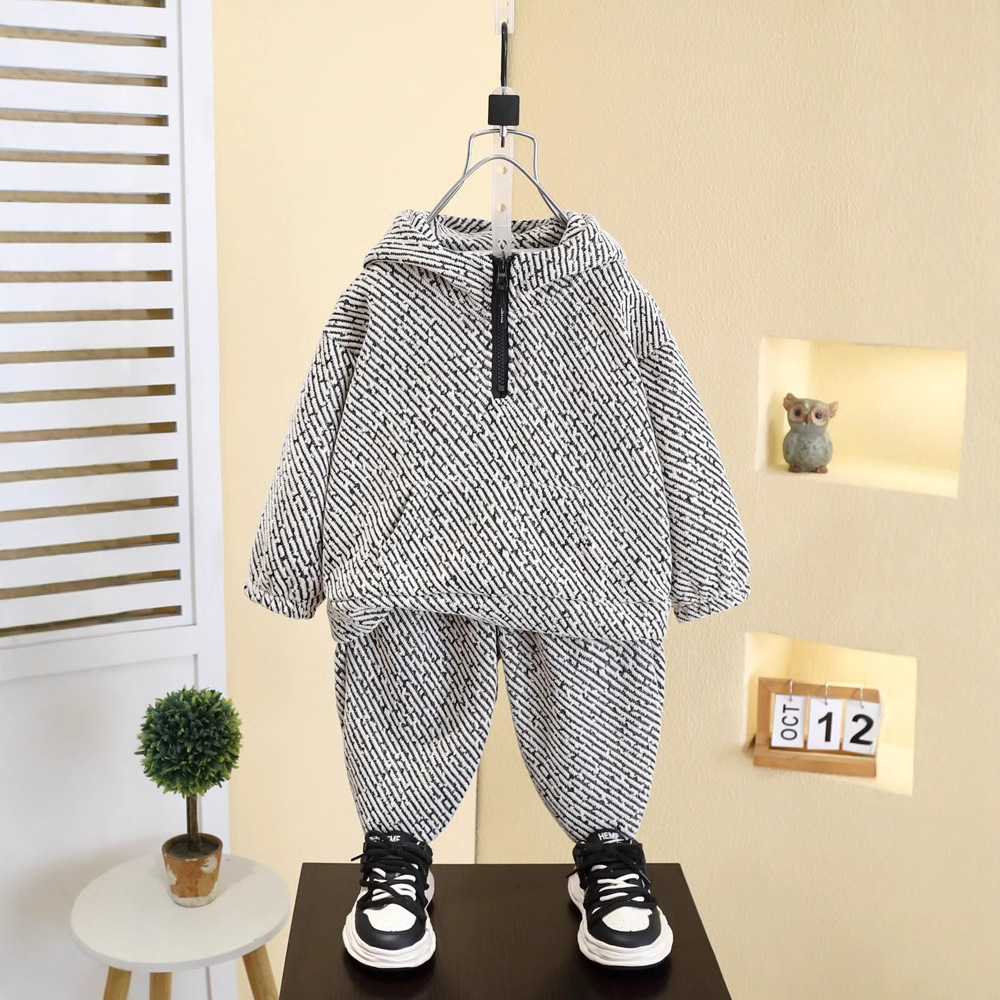 7568 niños primavera y otoño suéter con capucha 2025 primavera nuevos niños versión coreana de dos piezas pantalones de moda para niños