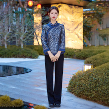 提花织锦缎撞色拼接唐装制服表演服来图来样国风女装加工