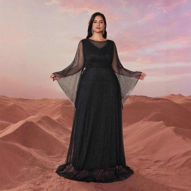 Plus-Size Transparent Bell-Sleeve Women's Long Dress, Elegant Formal Gown, Black Dress for Wedding and Evening Events - Fmgn1220 Plus-Size Transparent Bell-Sleeve Women's Long Dress, Elegant Formal Gown, Black Dress for Wedding and Evening Events - Fmgn1220