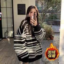 条纹套头大毛衣女秋冬宽松外穿慵懒风上衣中长款新款