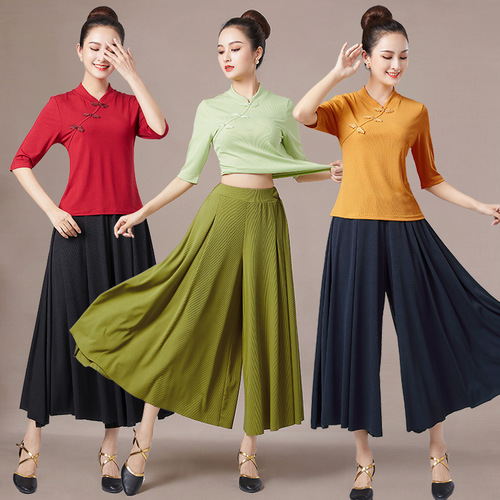 2206 Square Dance Costume Spring and Summer New Pipa Shirt Qipao Buttoned Short-Sleeve Skirt Pants Set Team Performance Dance Dress