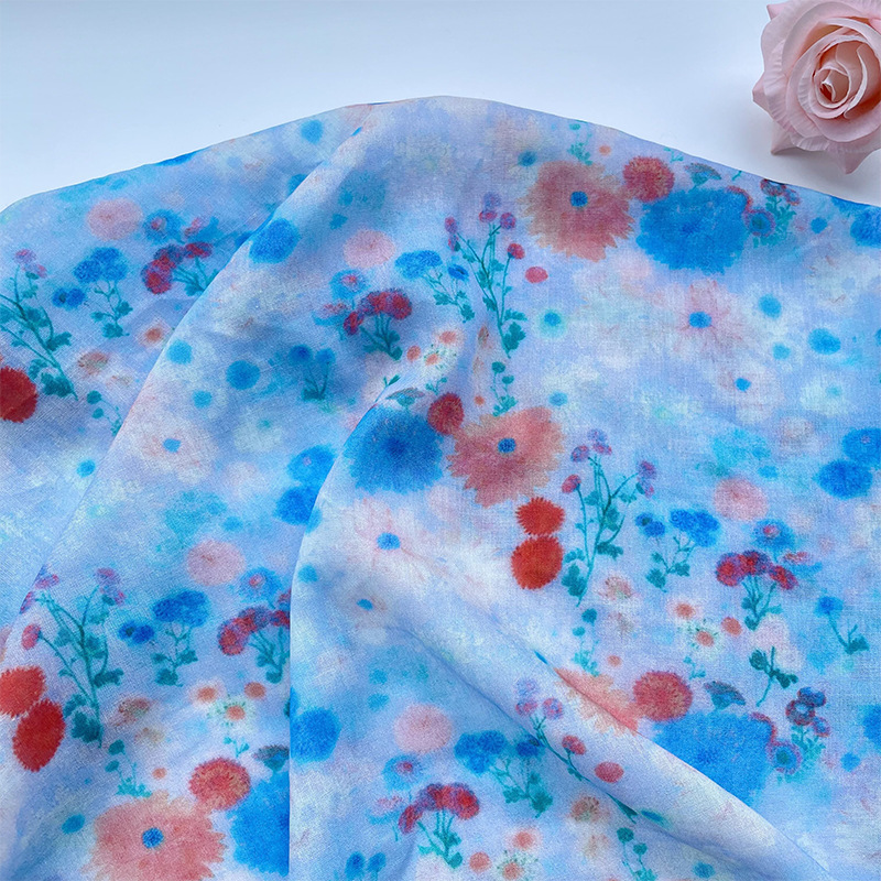 印花苎麻 蓝色晕染 扎染小花纯麻春夏设计师布料衬衫旗袍汉服面料