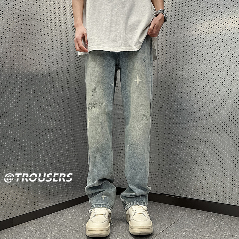 Men's Washed Retro Denim Jeans Straight Leg Loose Fit High Street Style Slimming Long Pants Trendy Casual Wear_mkmklike.com