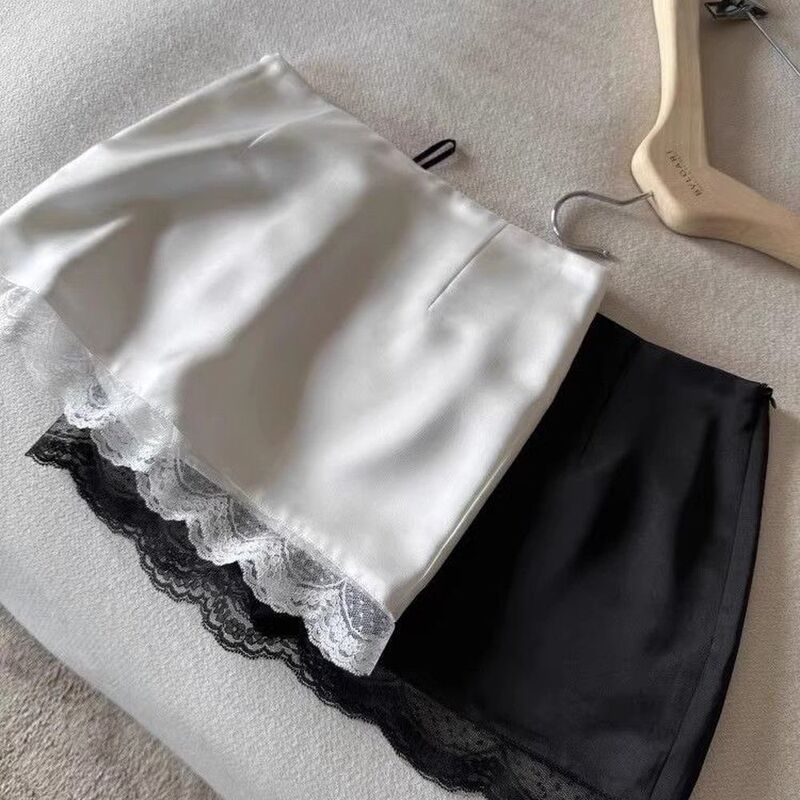 White Lace Patchwork Satin Skirt for Women, New Summer Style, Versatile High-Waisted Slimming A-Line Skirt, Anti-Exposure Short Skirt White Lace Patchwork Satin Skirt for Women, New Summer Style, Versatile High-Waisted Slimming A-Line Skirt, Anti-Exposure Short Skirt
