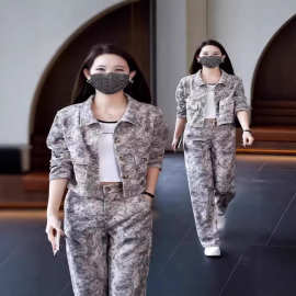 跨境爆款复古水墨画套装女2026年春秋新款开衫外套阔腿裤显瘦两件