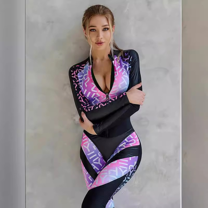 Women's Clothing Vibrant colorful letter print patchwork zipper V neck long sleeved jumpsuit_voghion.com
