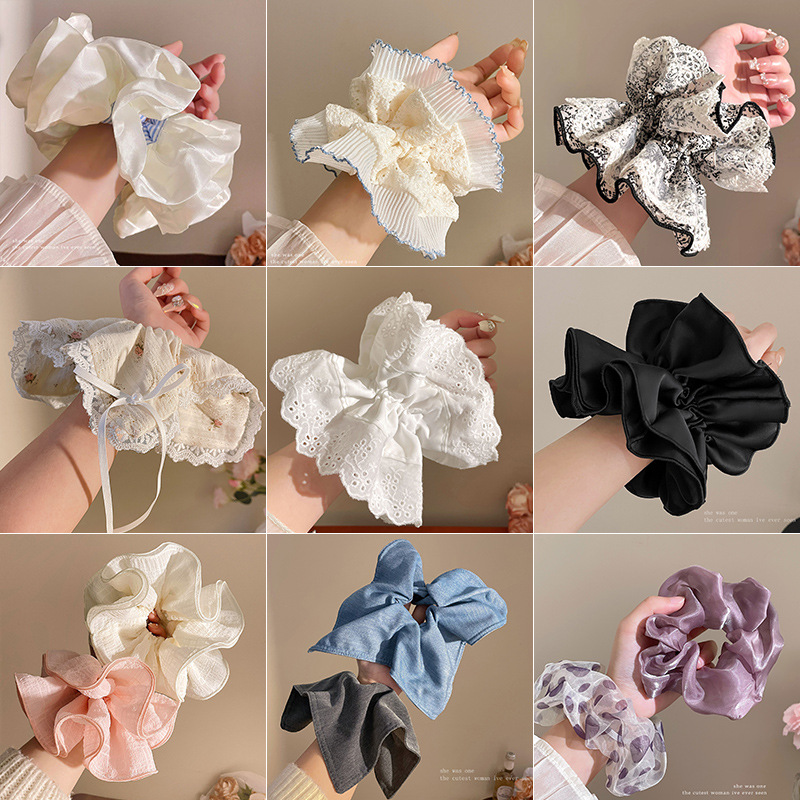 Accesorio para el cabello de estilo francés para mujer, pañuelo cuadrado simple, coletero de gran tamaño con ribete de encaje.