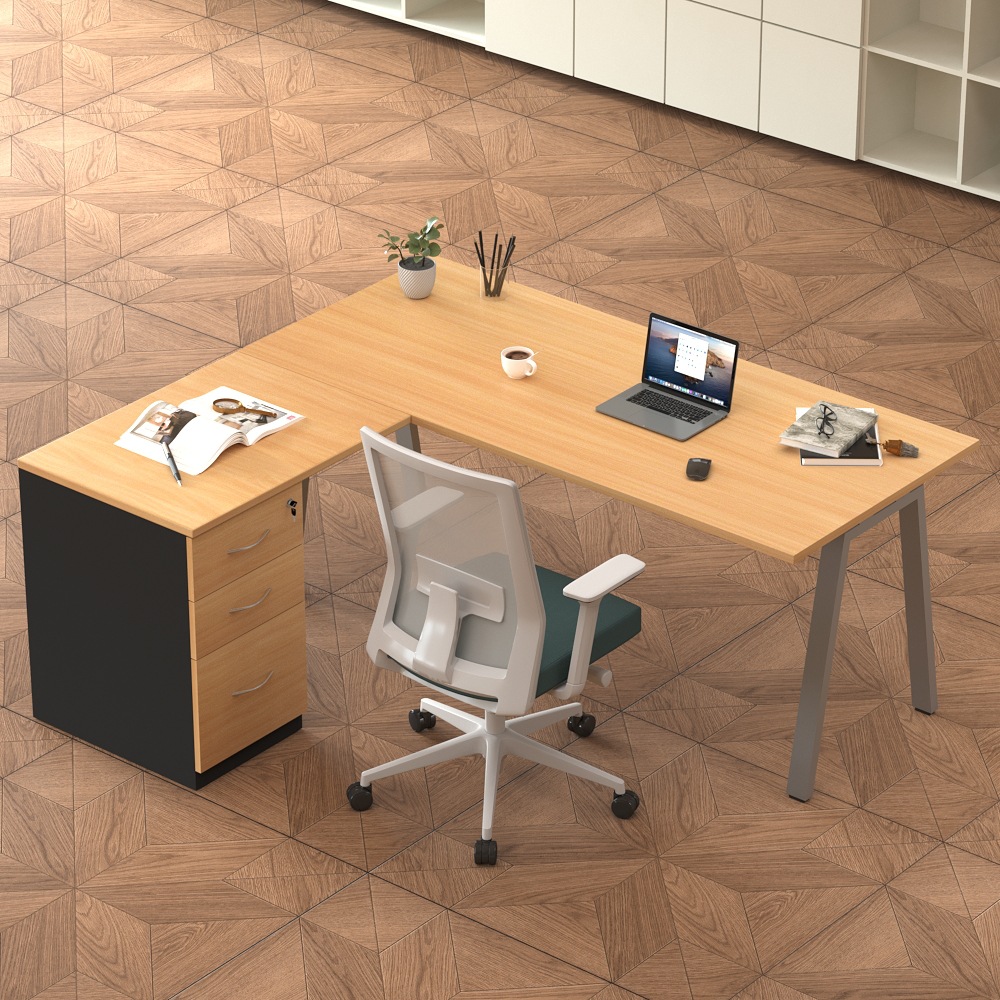 Mesa de oficina simple y moderna en forma de L con cajón 1 persona mesa de gerente de oficina de una sola persona mesa de jefe de pies de acero