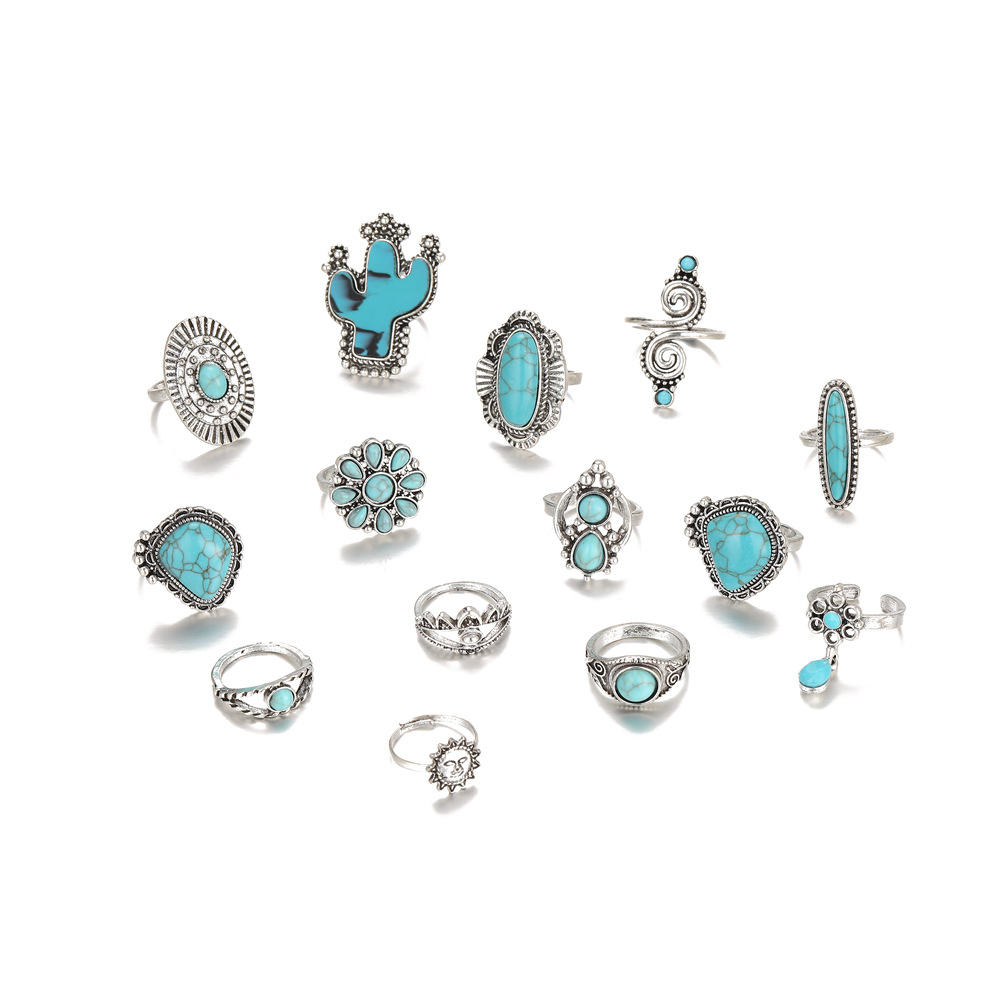 Rings Classification 14 Pieces 1 Set 4 Pieces Cactus Leaf Rings Alloy December Birthstone Turquoise Turquoise Women's Hip-Hop Retro Rings