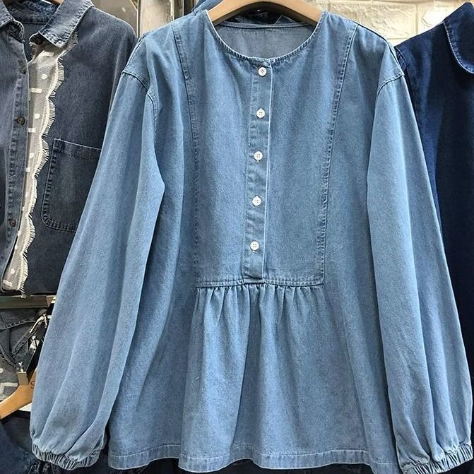 Plus Size Hong Kong Style Retro Round Neck Shirt for Women Spring and Autumn New Large Size Loose Casual Denim Slimming Top Off Shoulder