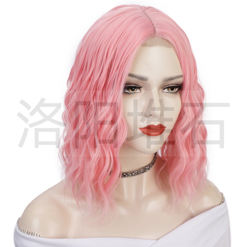 Wig European And American Ladies Wig Small Lace Front Lace Synthetic Wigs Pink Water Ripple Short Curly Wig display picture 3