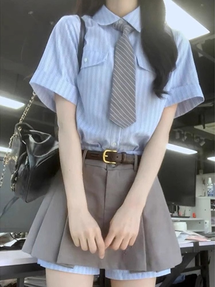 College Style Stripesd Shirt Dress for Women Summer 2025 New Japanese and Korean Jk Uniform Pleated Skirt Suit