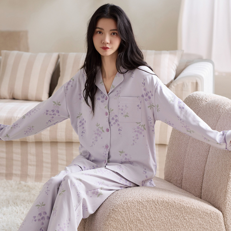 100% Cotton Pajamas for Women 2025 Autum New Cardigan Long-Sleeved Floral Suit High Quality Can Be Worn Outside Home Clothes